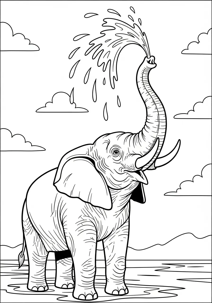 Desenho de um elefante se divertindo e espirrando água com a tromba