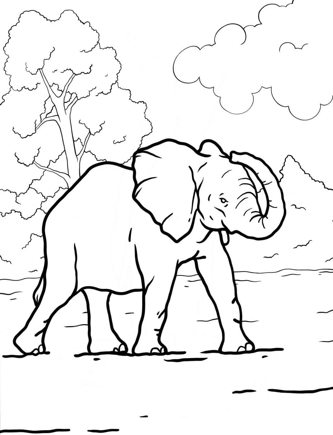 Desenho de um elefante caminhando em um ambiente natural para colorir.