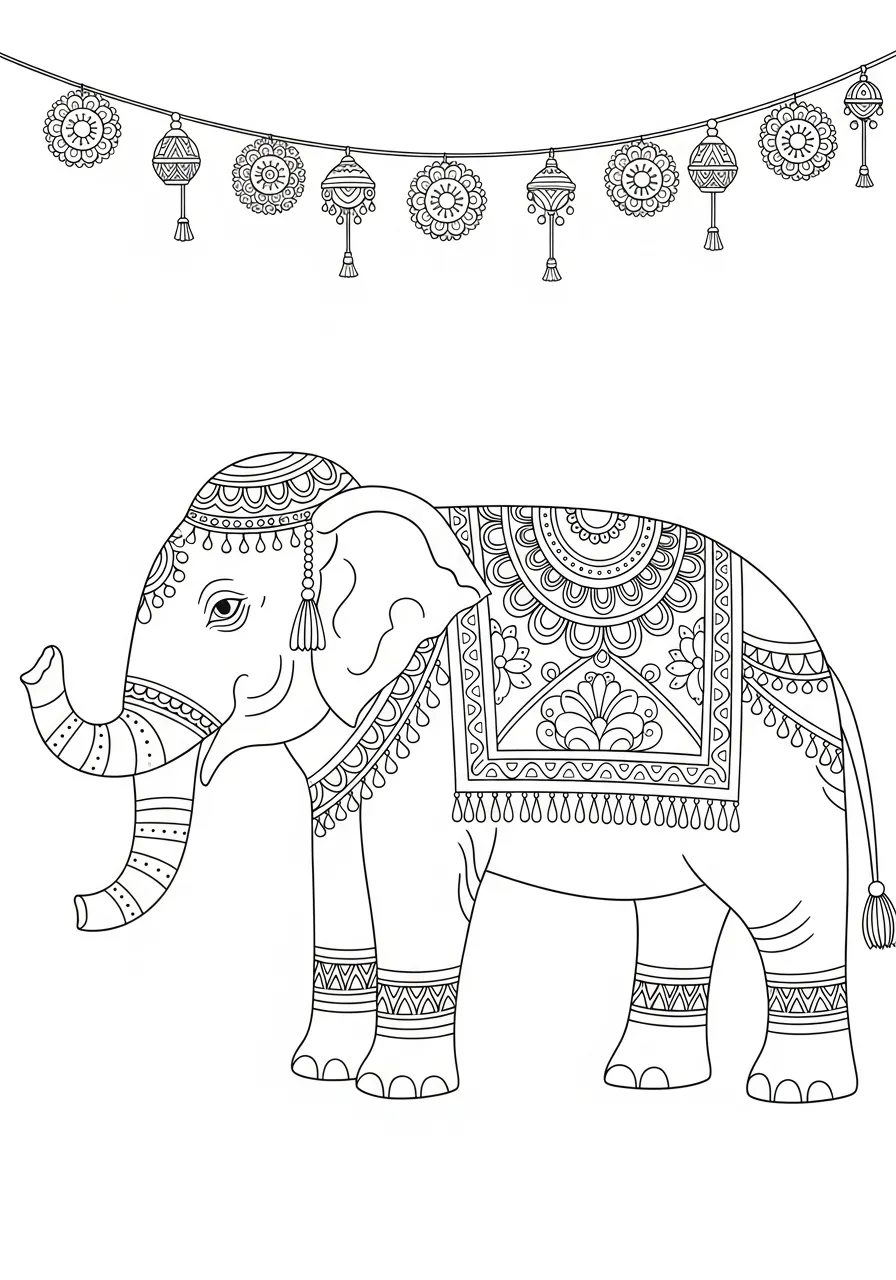 Desenho de um elefante decorado com padrões e enfeites para colorir