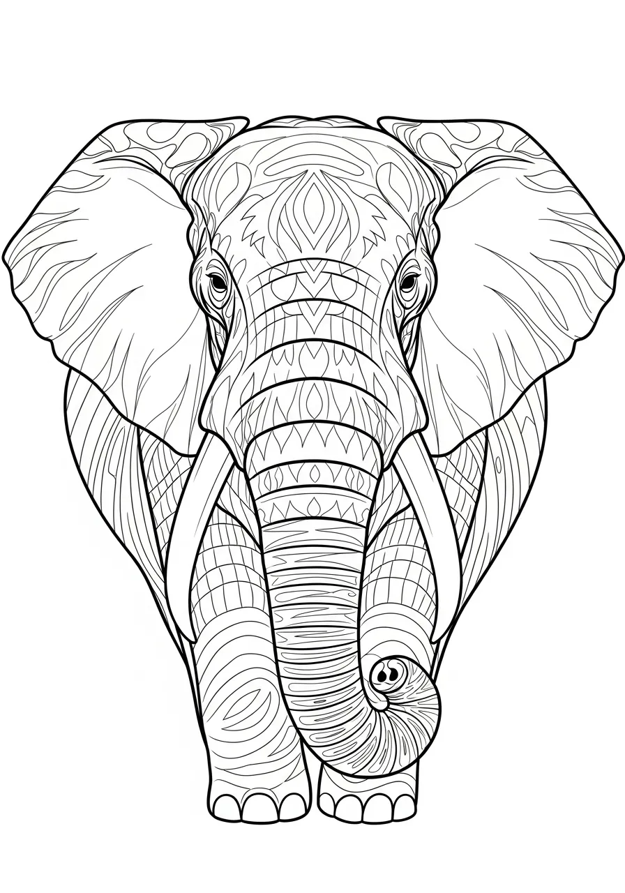 Desenho de um elefante com padrões intrincados para colorir