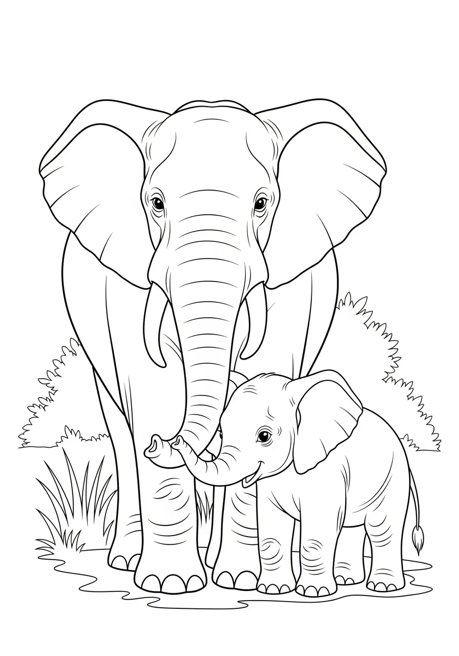 Desenho para colorir de um elefante adulto e seu filhote em um ambiente natural