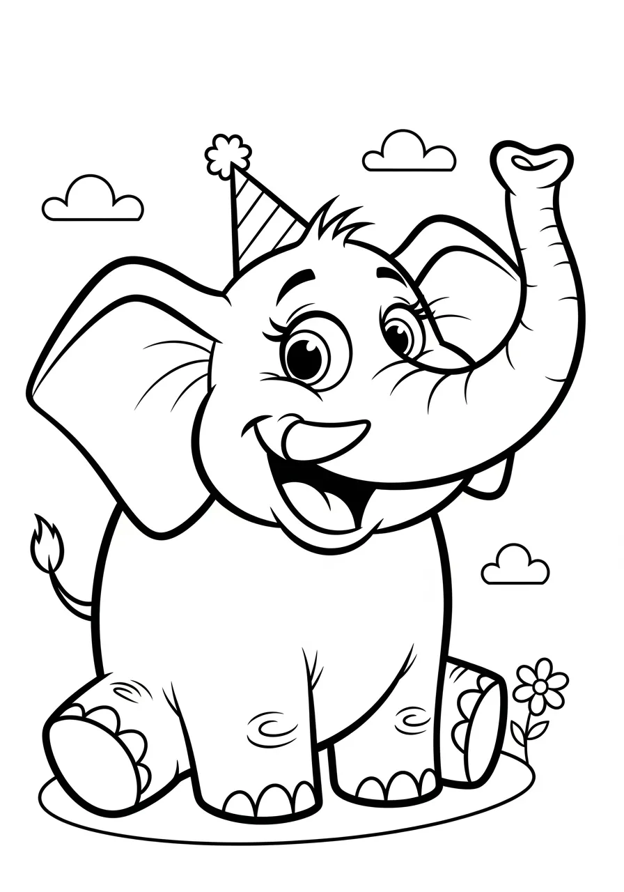 Desenho de um elefante sorridente usando um chapéu de festa, rodeado por nuvens e flores.