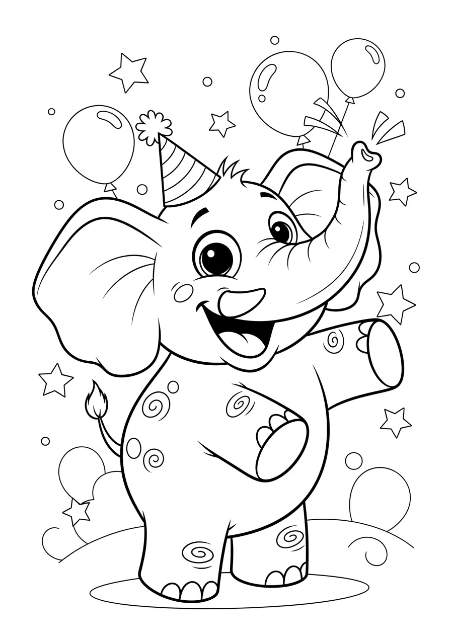 Elefante feliz com chapéu de festa e balões para colorir