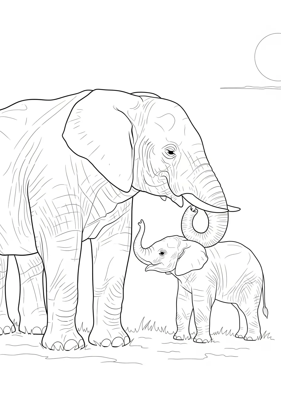 Desenho de um elefante mãe e seu filhote prontos para colorir