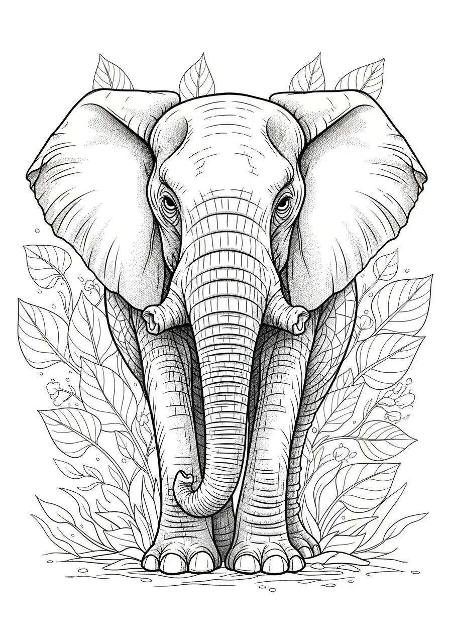 Desenho de um elefante majestoso com folhas ao redor para colorir