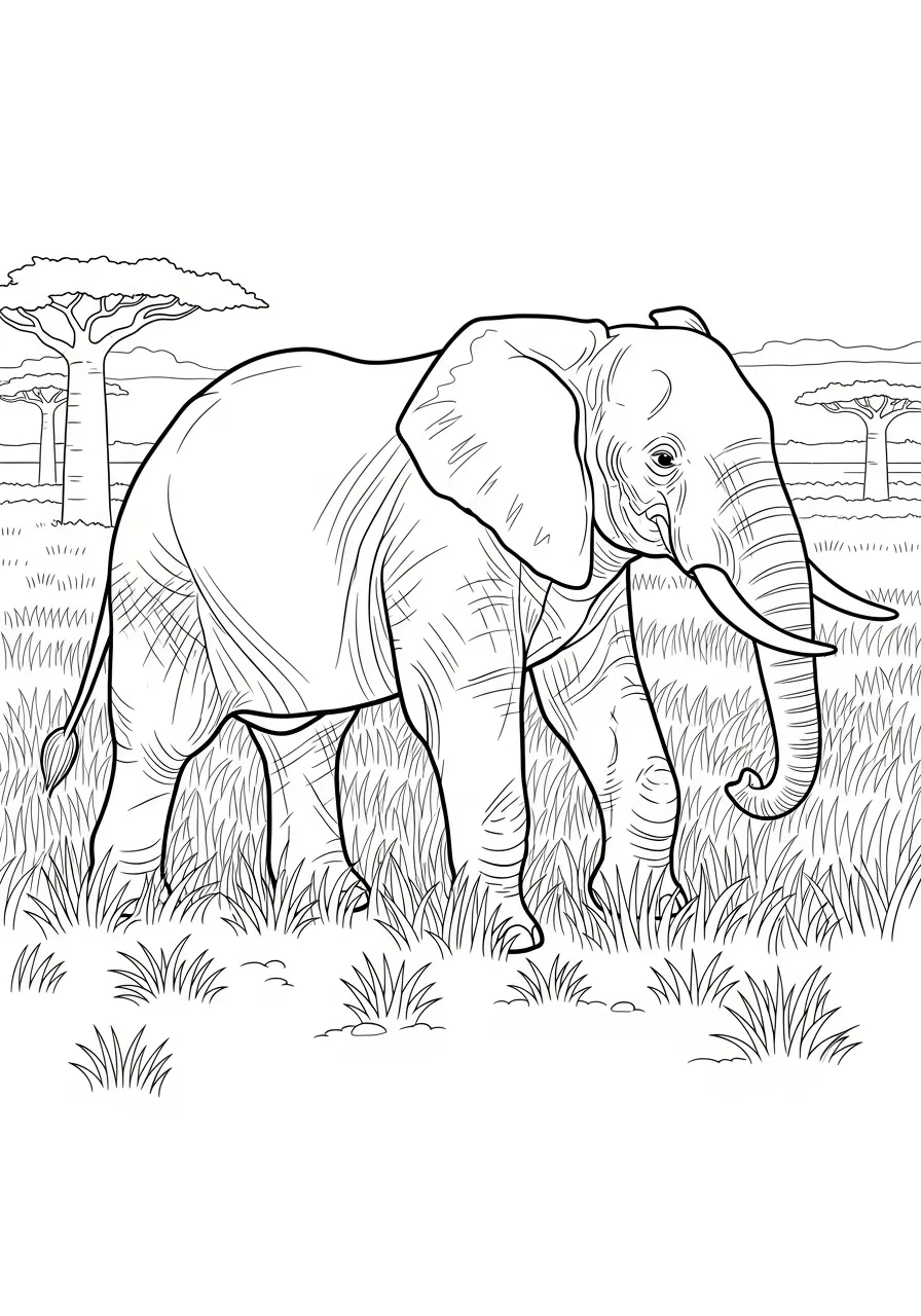 Desenho de um elefante na savana, ideal para colorir