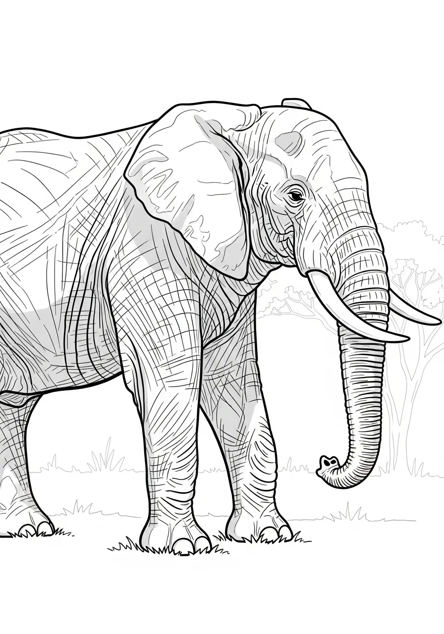Desenho de um elefante majestoso em um ambiente de savana, pronto para ser colorido.