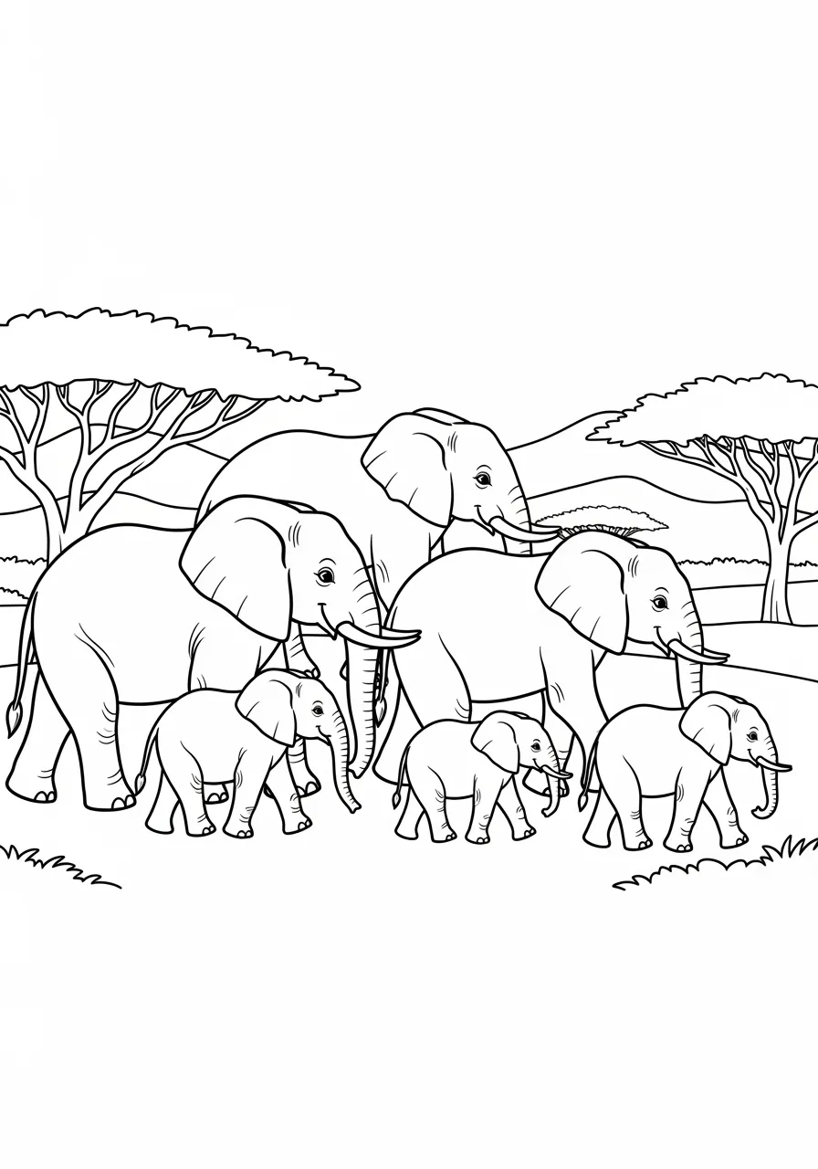 Desenho de uma família de elefantes caminhando na savana