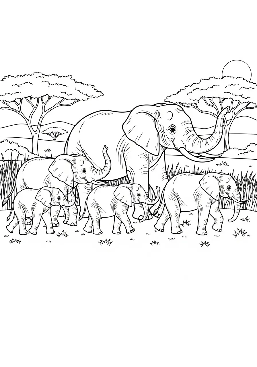 Desenho de uma família de elefantes na savana, incluindo um elefante adulto e seus filhotes, prontos para colorir.