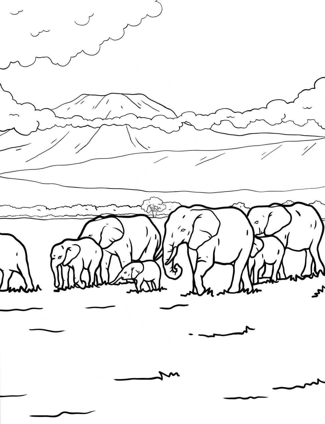 Desenho para colorir de uma família de elefantes na savana com montanhas ao fundo