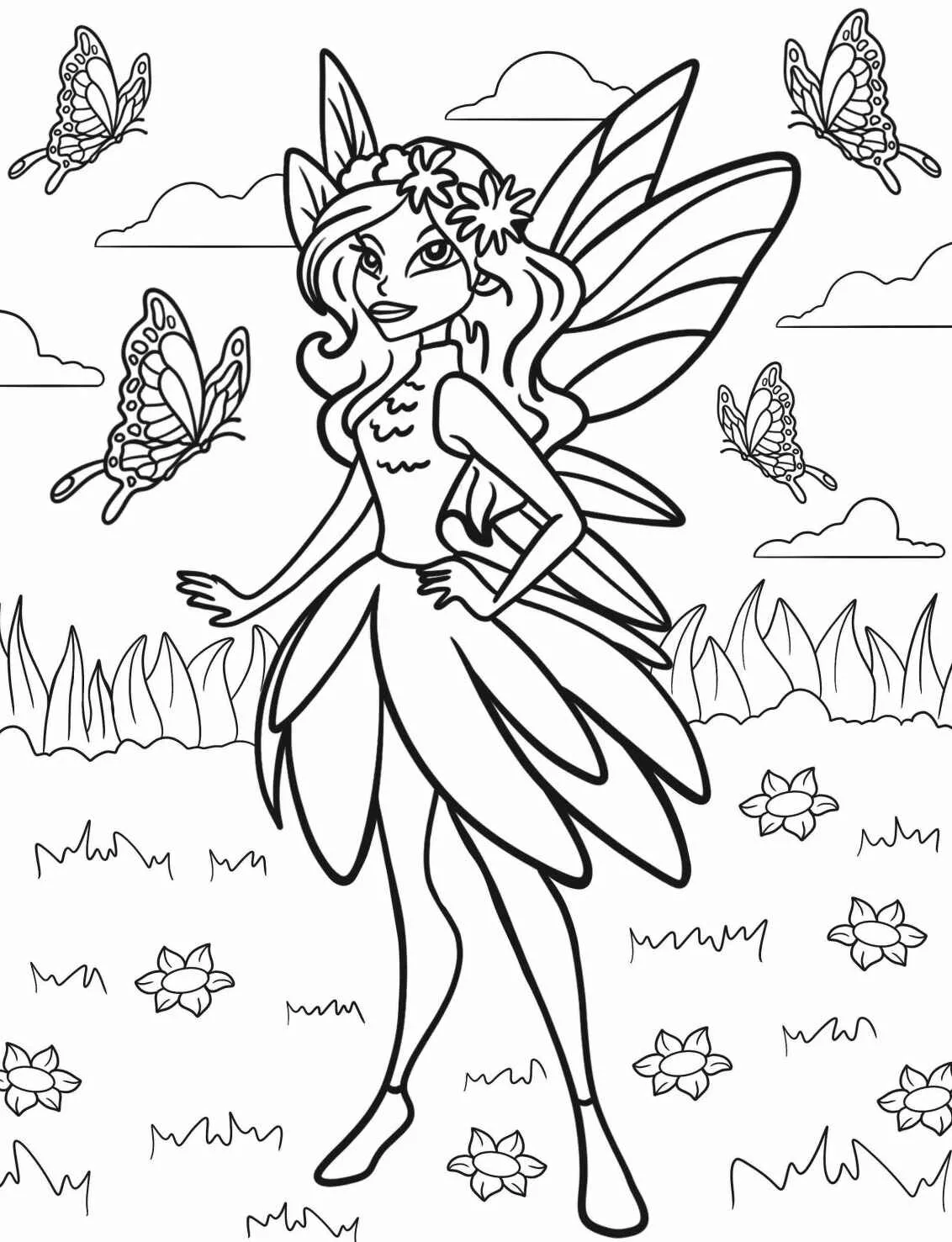 Desenho de uma fada rodeada por borboletas e flores, ideal para colorir.