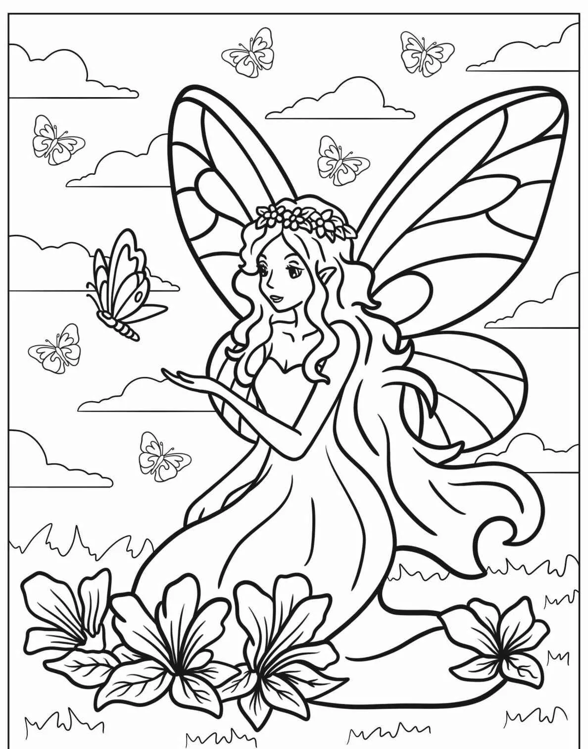 Imagem de uma fada com asas grandes cercada por borboletas e flores para colorir