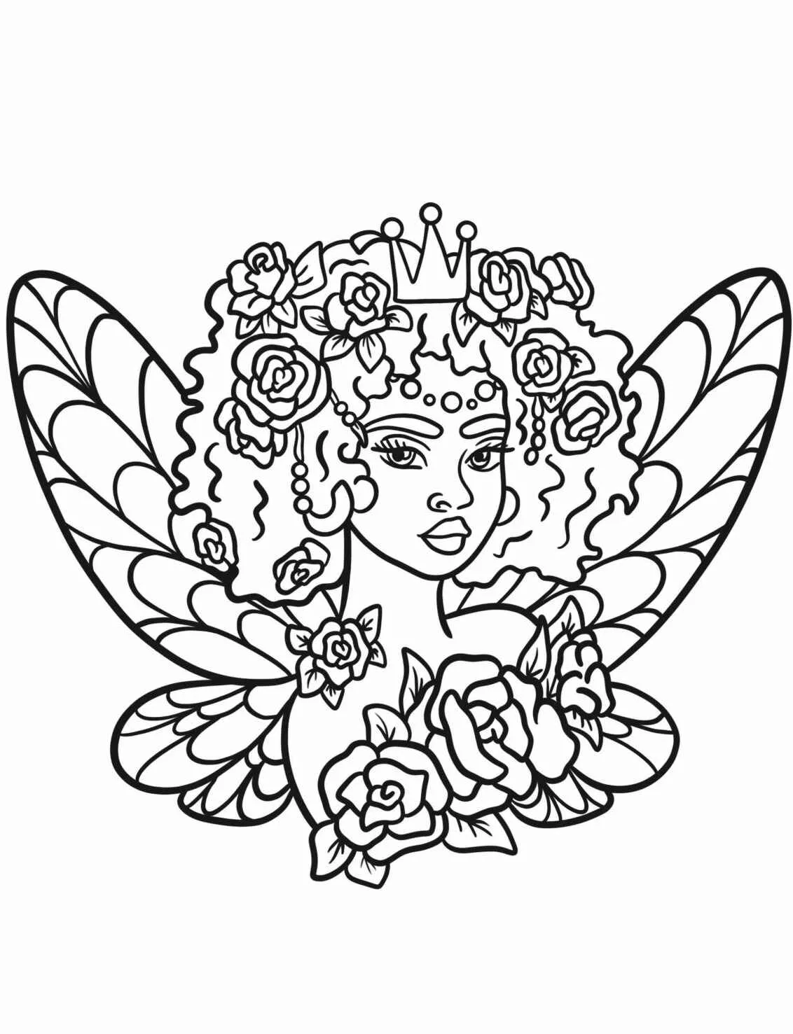 Desenho de uma fada com cabelo cacheado, coroada com flores e asas grandes, para colorir.