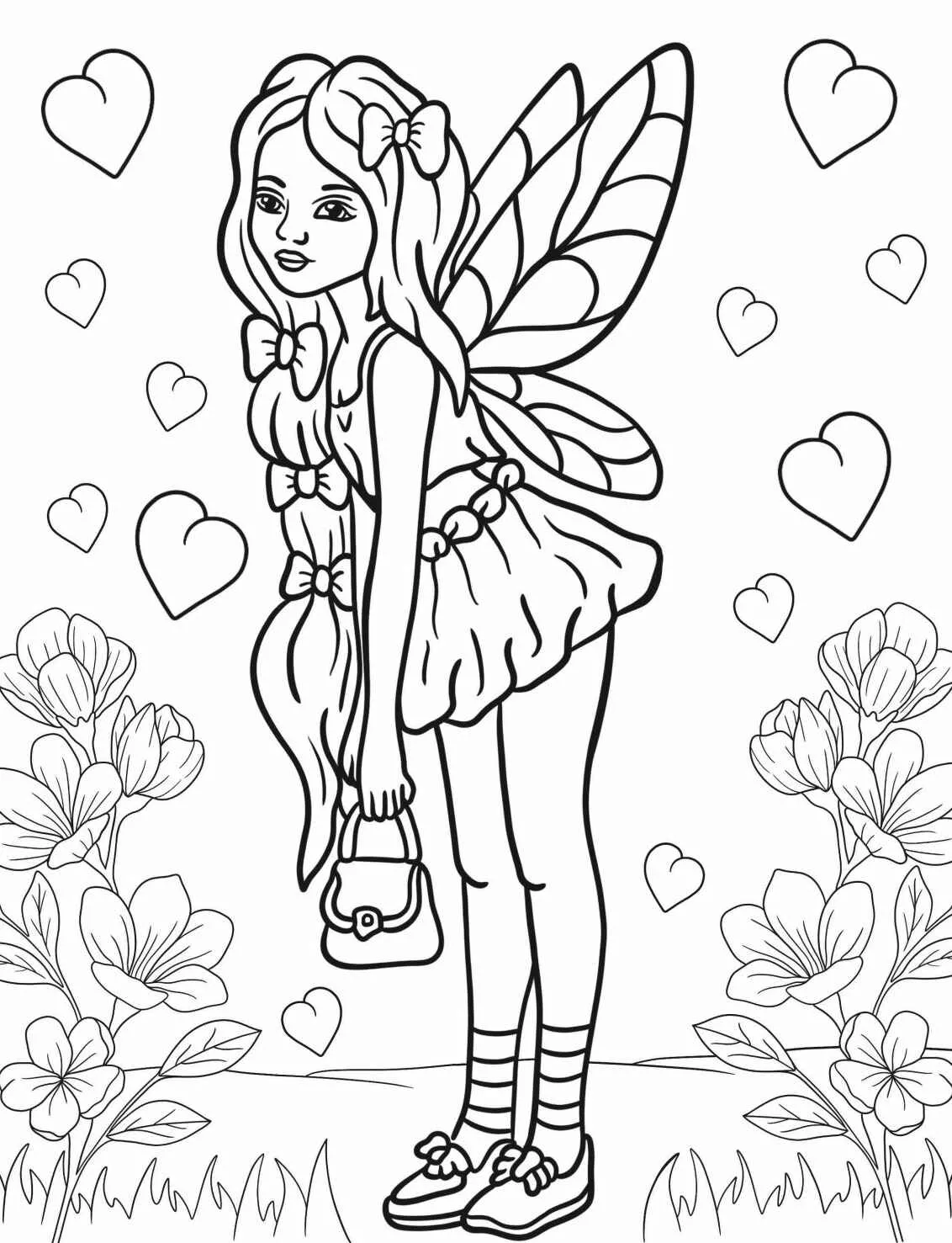 Fada com asas e vestido, cercada por flores e corações, pronta para colorir.