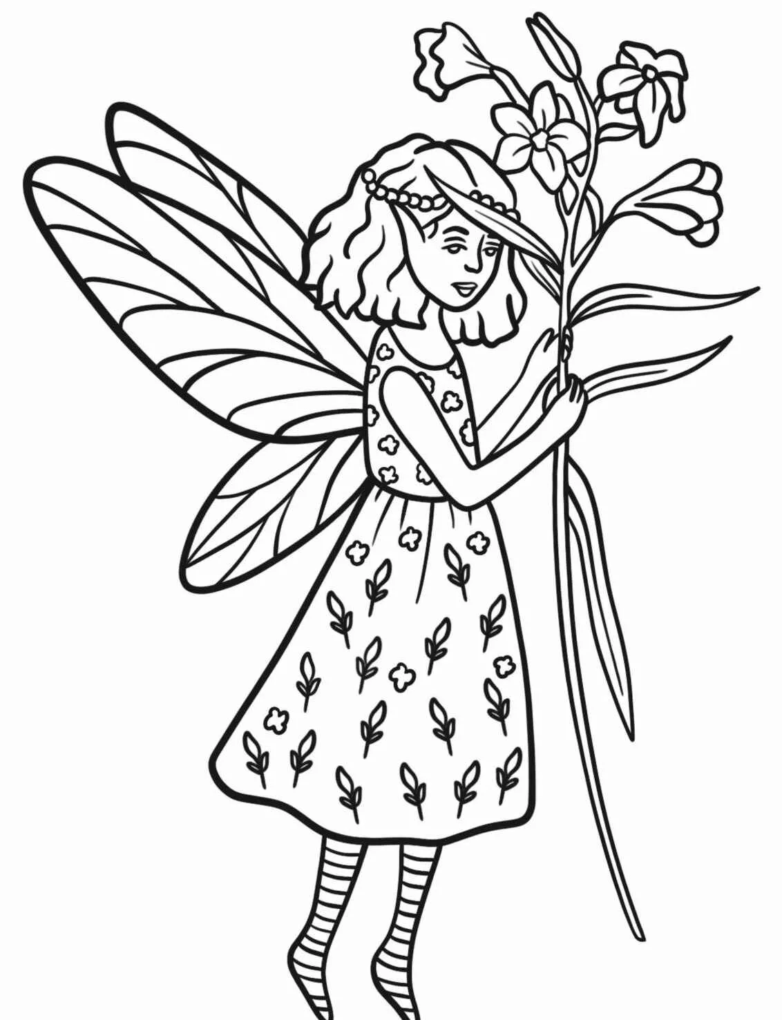 Desenho de uma fada segurando flores, ideal para colorir.