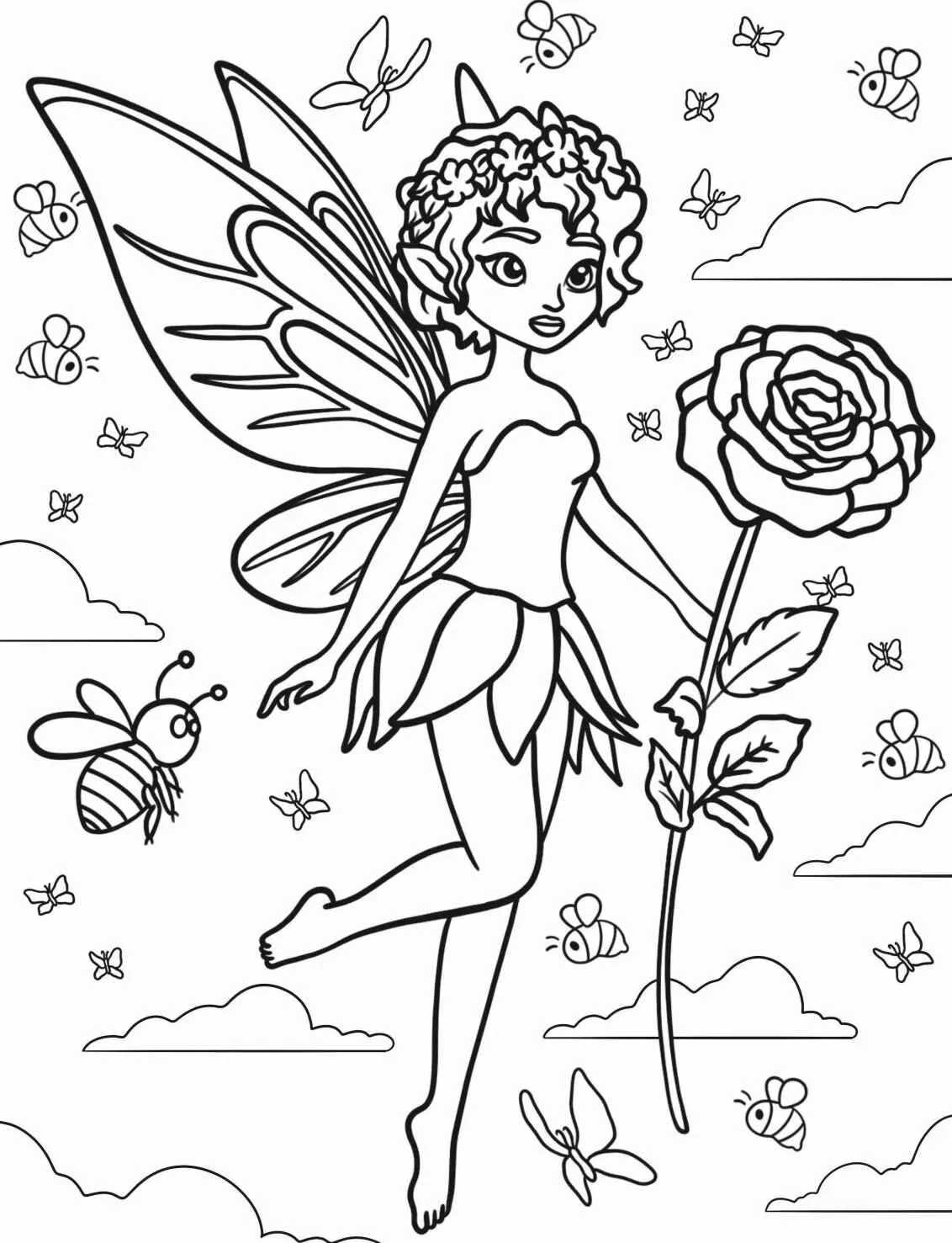 Fada voando com uma rosa e abelhas ao redor
