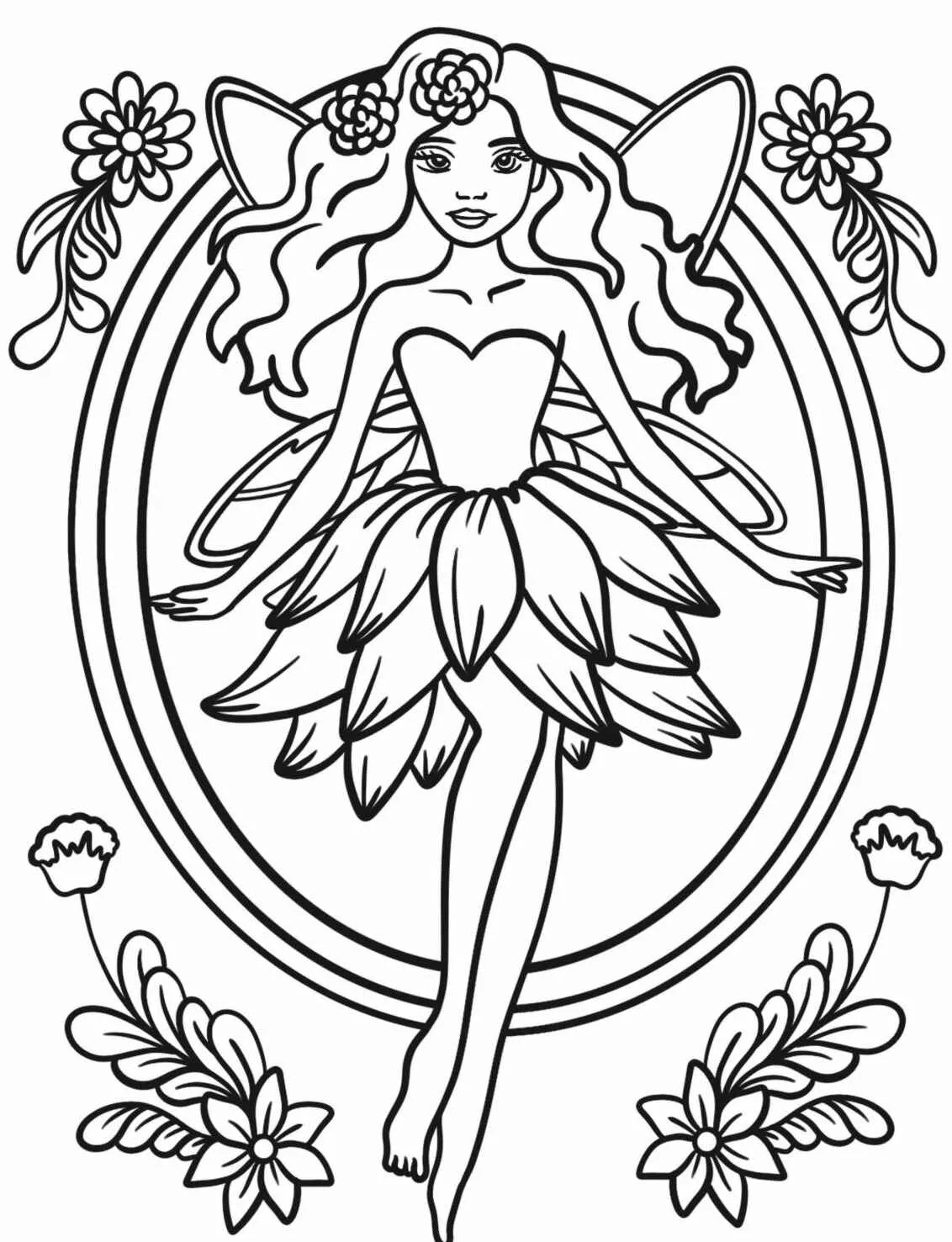 Desenho de uma fada com vestido de flores e cabelo longo, ideal para colorir.