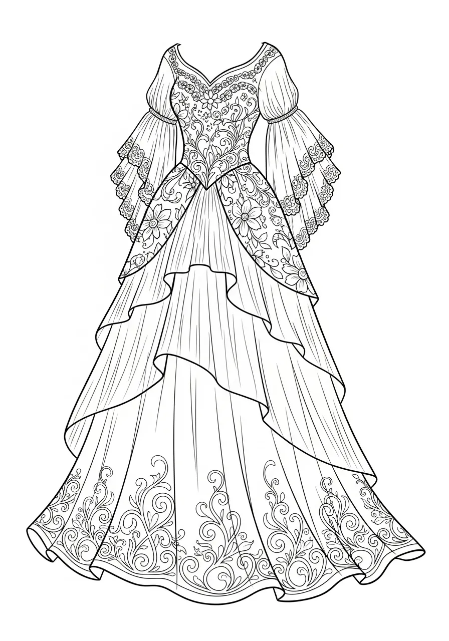 Desenho de uma fada com um vestido detalhado e elegante para colorir