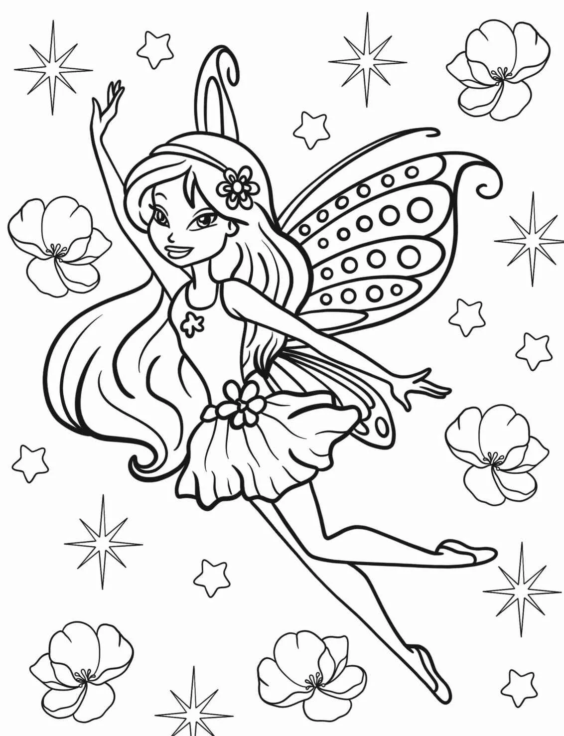 Desenho de uma fada dançando rodeada de flores e estrelas para colorir