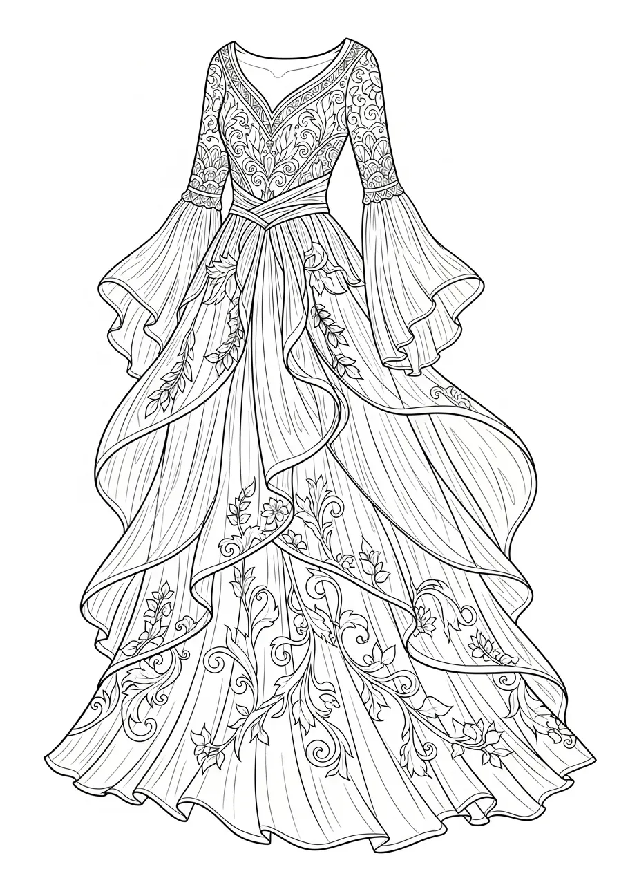Desenho de uma fada com um vestido elaborado, pronta para colorir