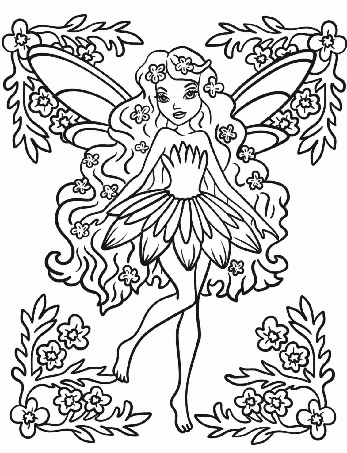 Desenho de uma fada com cabelos longos e ondulados, cercada por flores, para colorir.