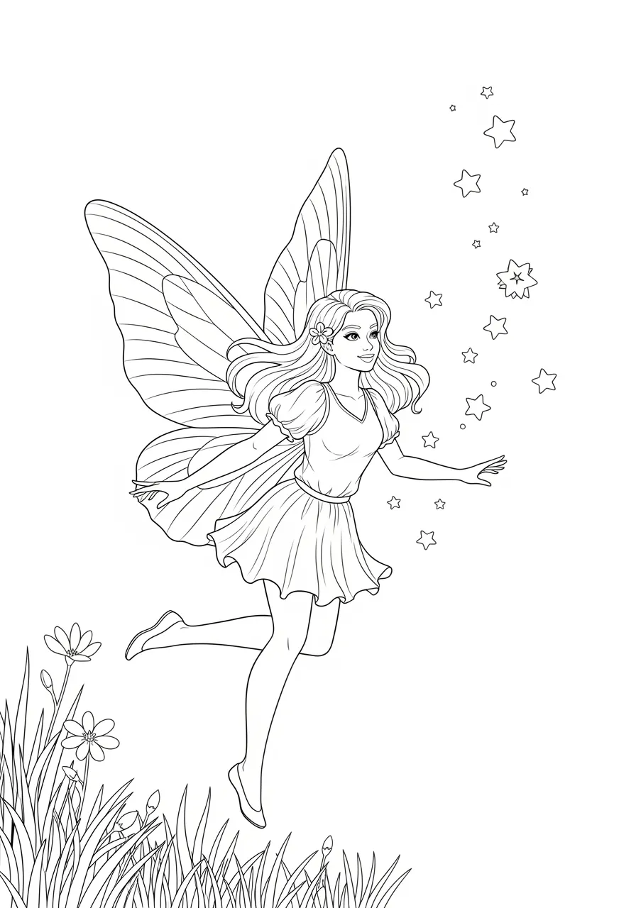 Desenho de uma fada com asas grandes e estrelas ao redor, ideal para colorir.