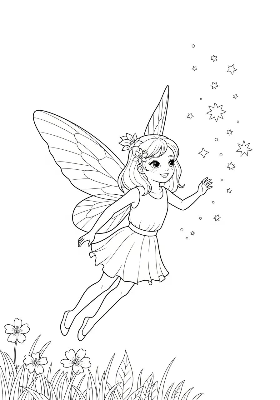 Fada encantada voando e lançando estrelas, pronta para ser colorida