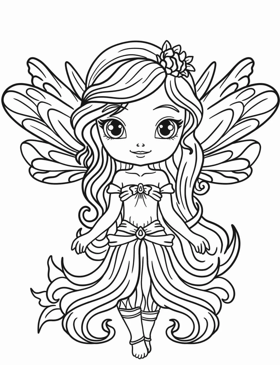 Desenho de uma fada com asas grandes e longos cabelos para colorir