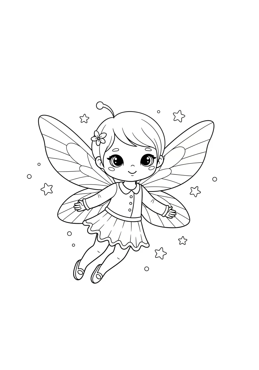 Desenho de uma fada fofa com asas e estrelas ao redor para colorir