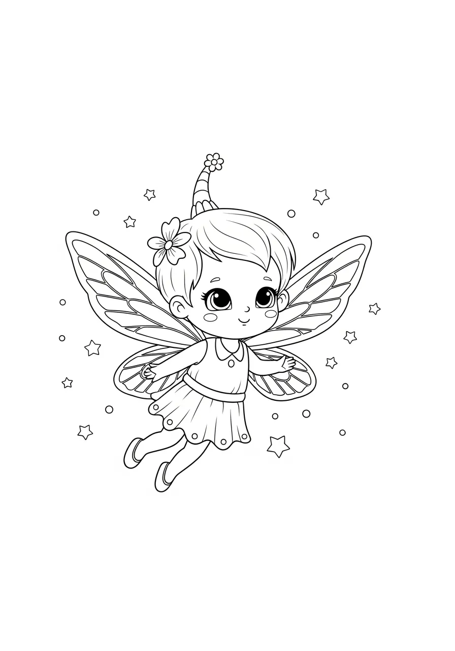 Desenho de uma fada fofa com asas e estrelas ao redor para colorir