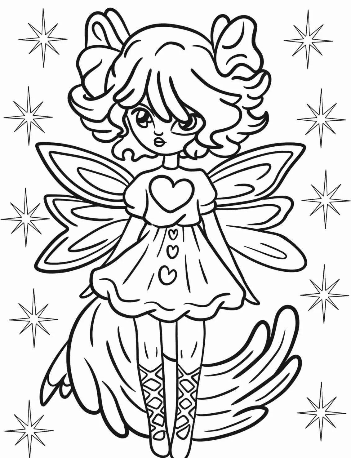Desenho de uma fada kawaii com cabelo cacheado e asas, rodeada de estrelas.