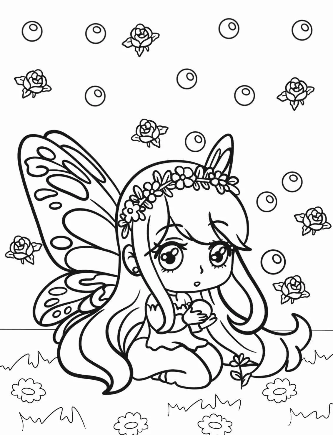 Desenho de uma fada kawaii sentada entre flores, com asas grandes e uma coroa de flores.