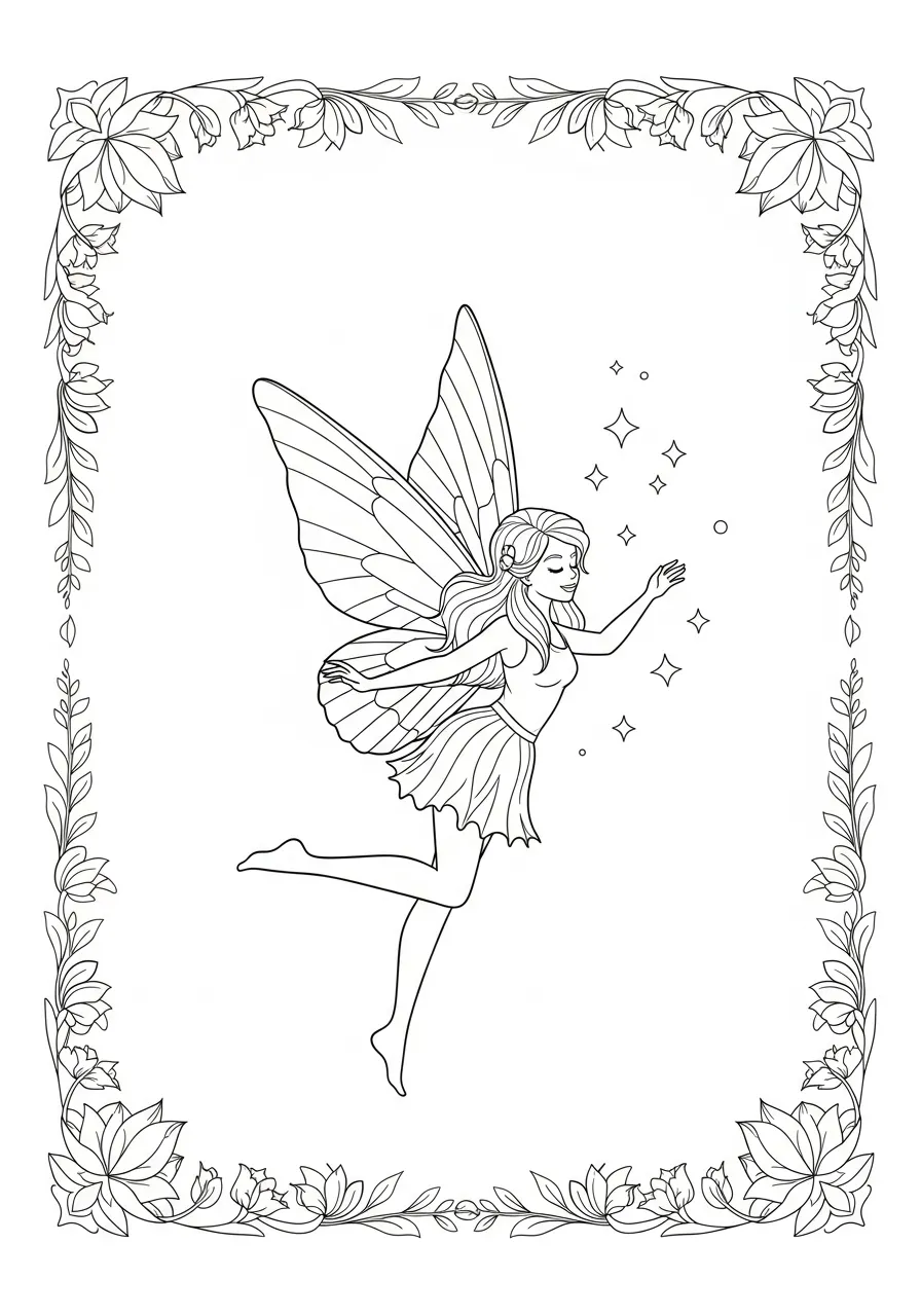 Desenho de uma fada mágica com asas elegantes em um cenário florido para colorir.