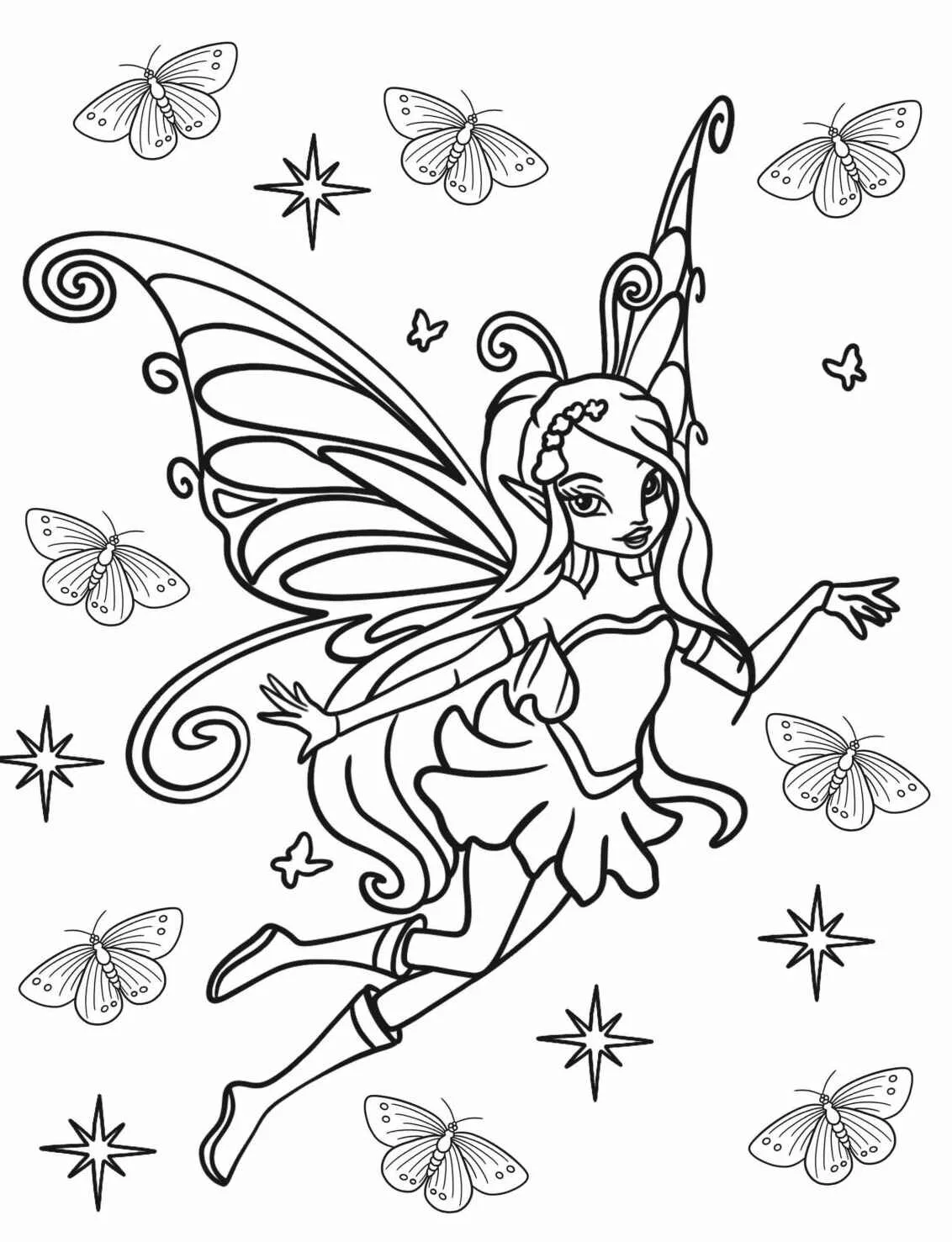 Desenho de uma fada mágica rodeada de borboletas, ideal para colorir.
