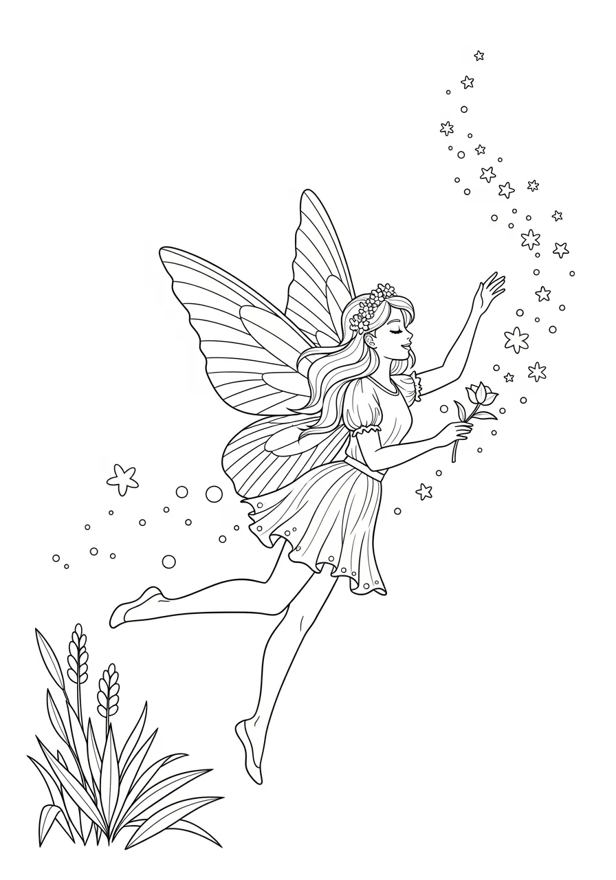 Desenho de uma fada mágica voando e espalhando estrelas com uma varinha