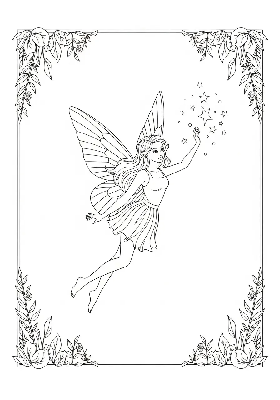 Desenho de uma fada mágica flutuando cercada por estrelas