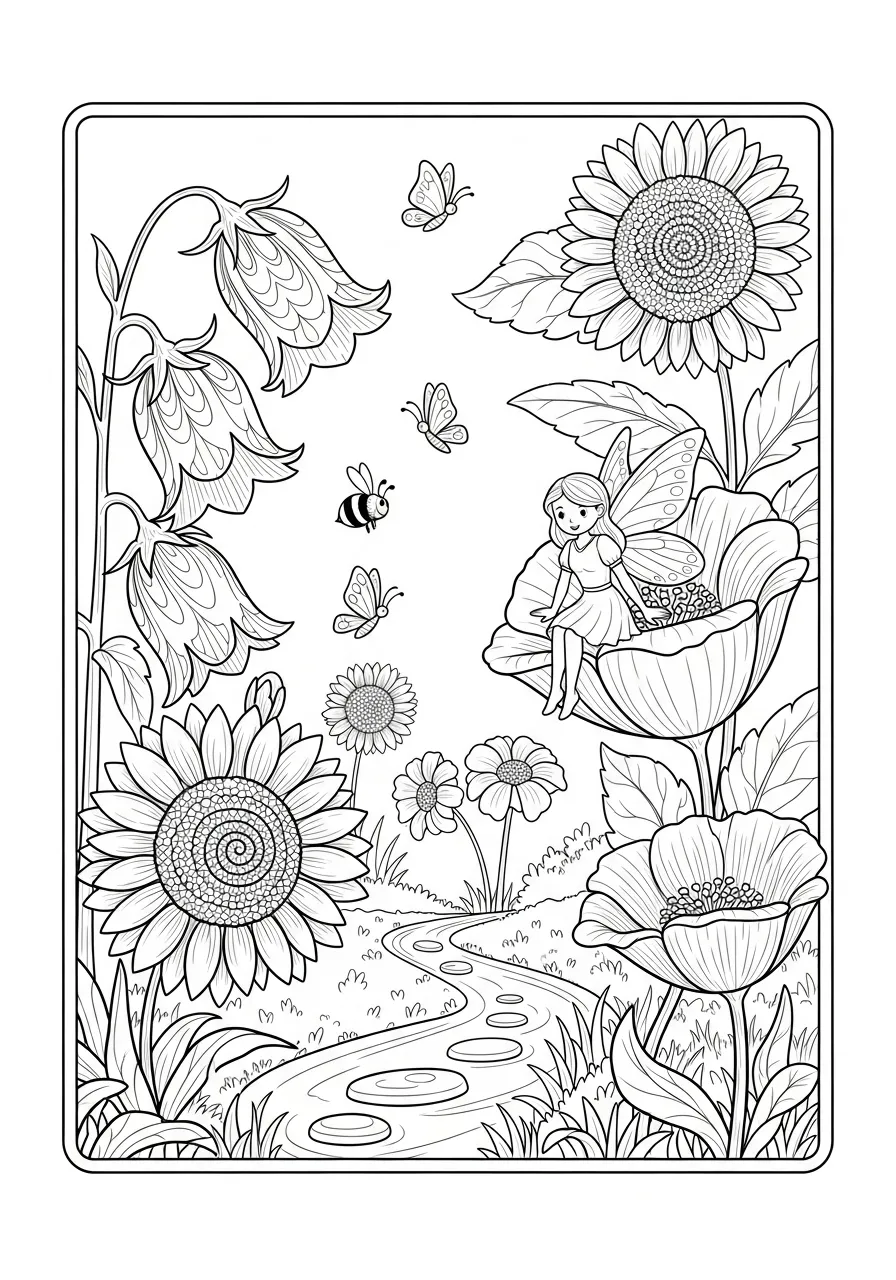 Desenho de uma fada sentada em uma flor, cercada por borboletas e flores.