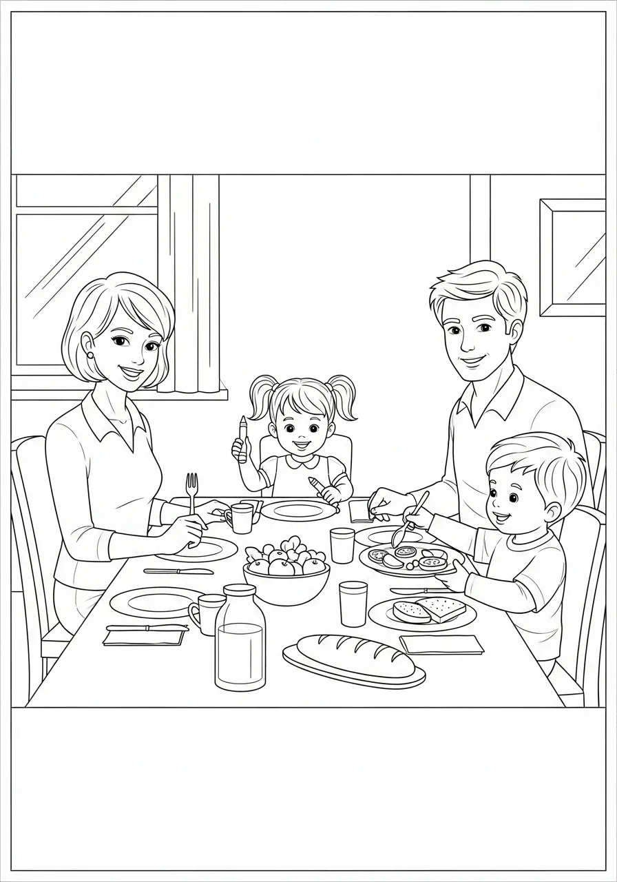 Desenho de uma família reunida à mesa durante o jantar, pronto para colorir.