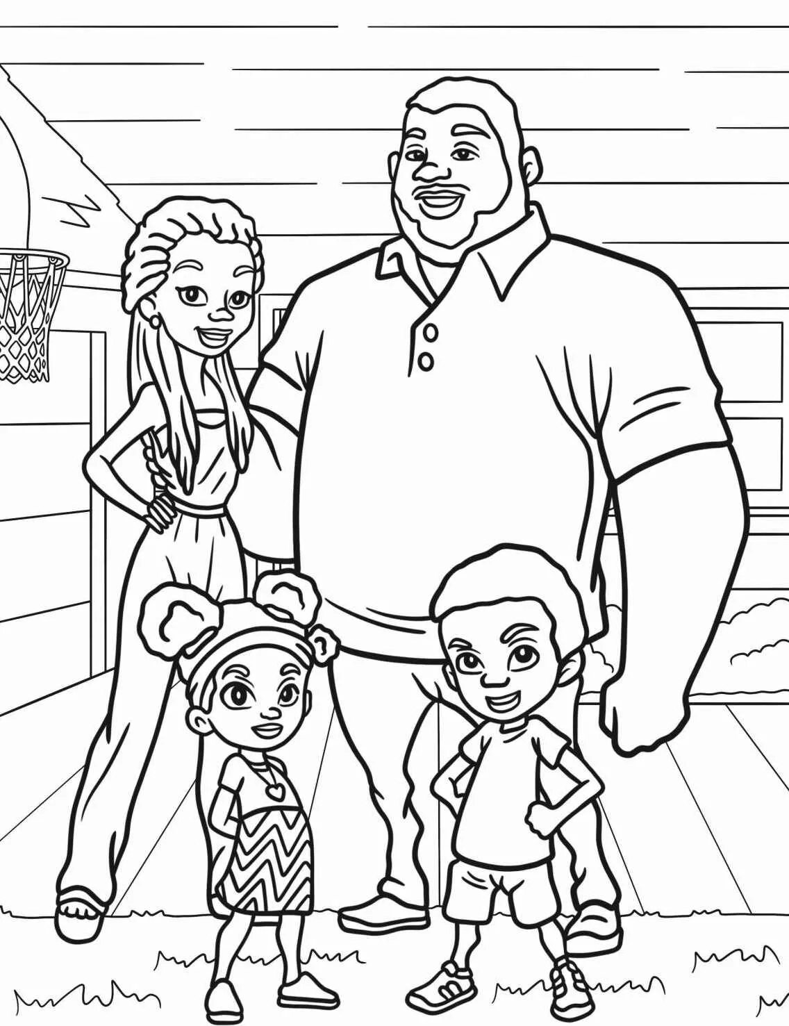 Desenho para colorir de uma família feliz em casa com pai, mãe e filhos