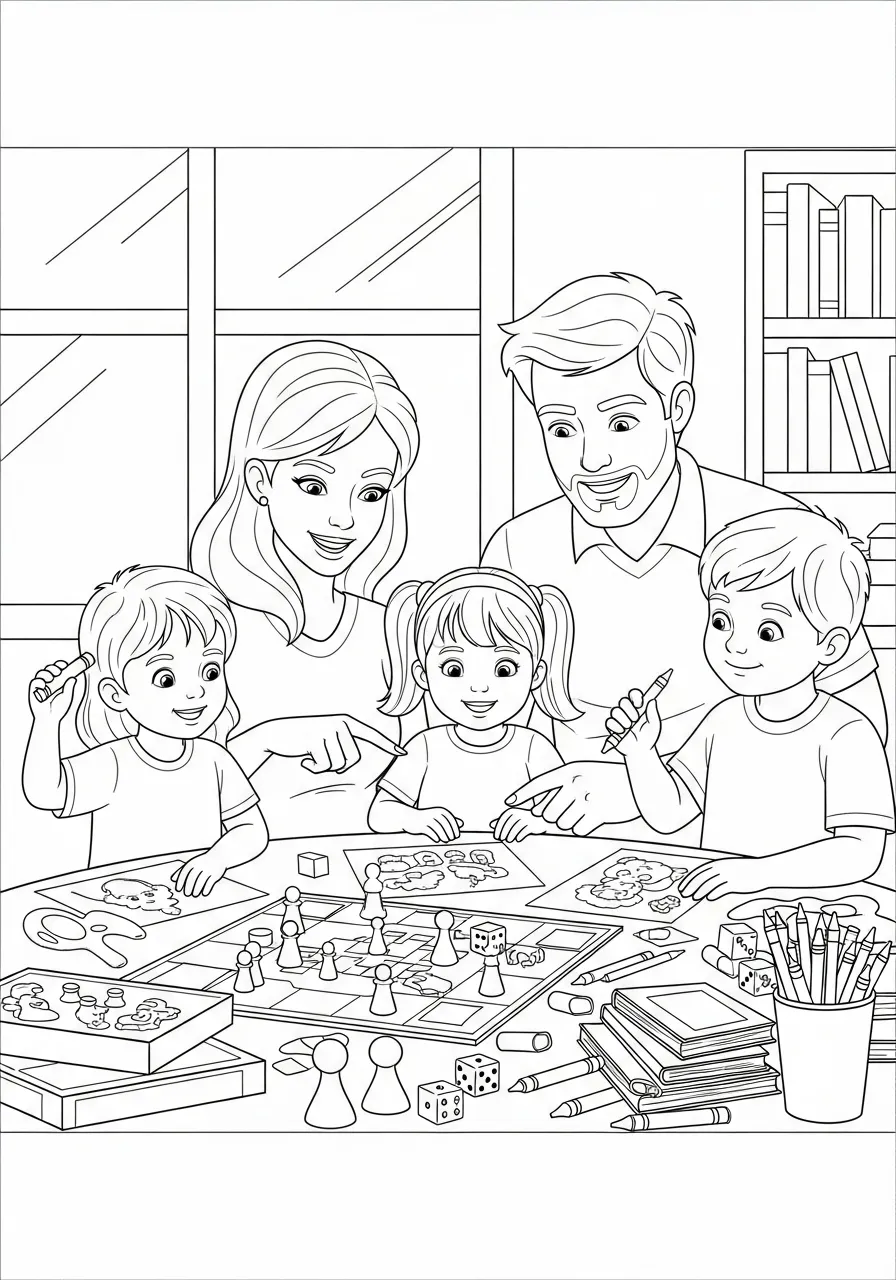 Desenho em preto e branco de uma família se divertindo enquanto joga jogos de tabuleiro.