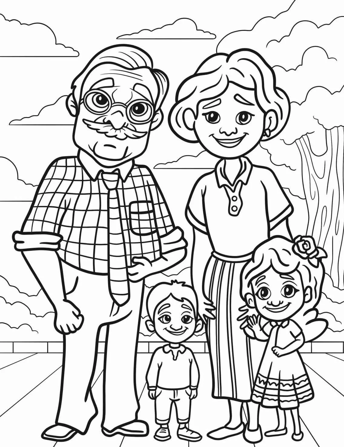 Desenho para colorir de uma família com avós e crianças em um cenário ao ar livre