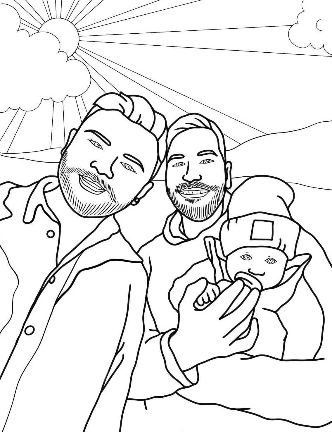 Desenho para colorir de uma família com um bebê ao ar livre