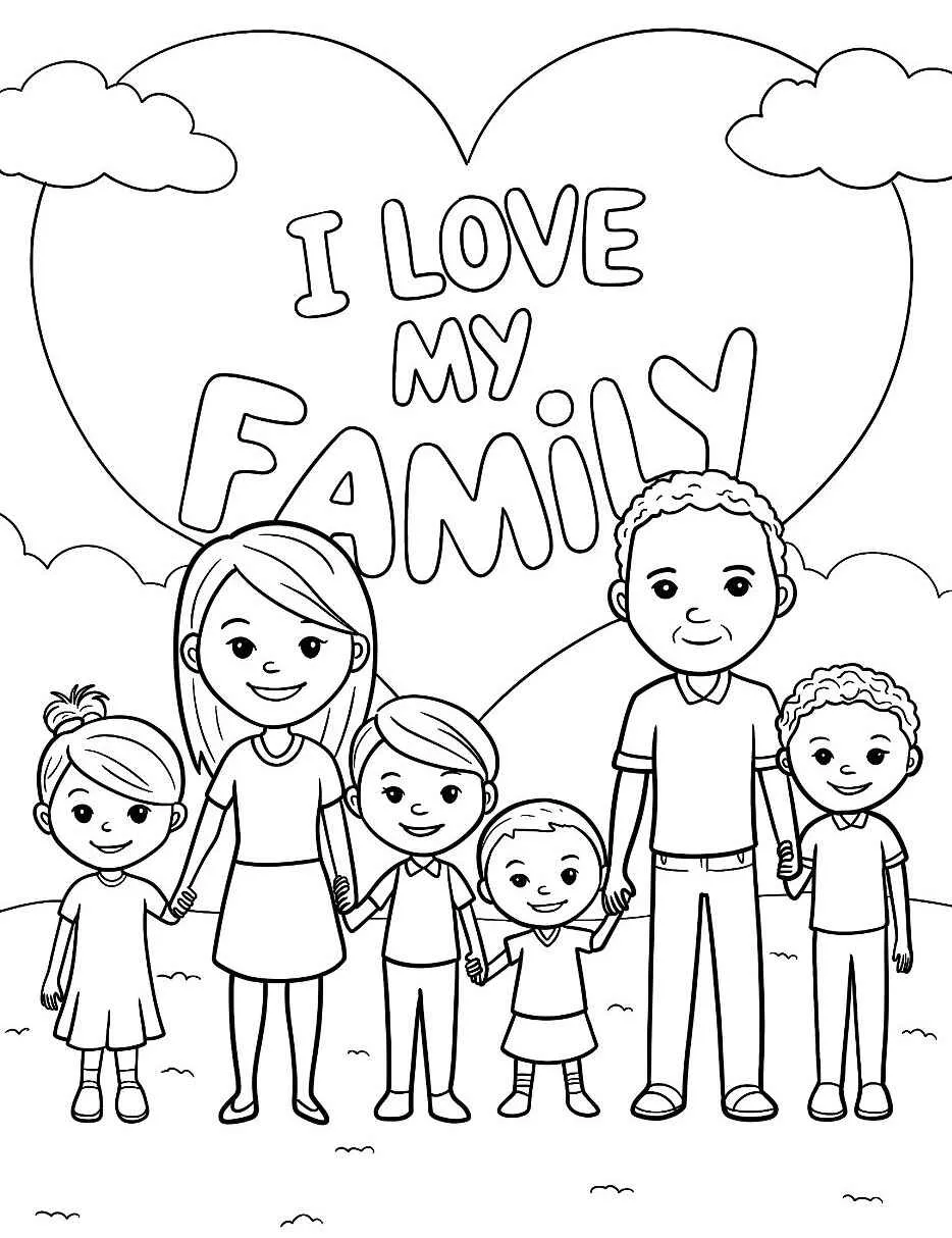 Desenho para colorir de uma família feliz com um coração ao fundo