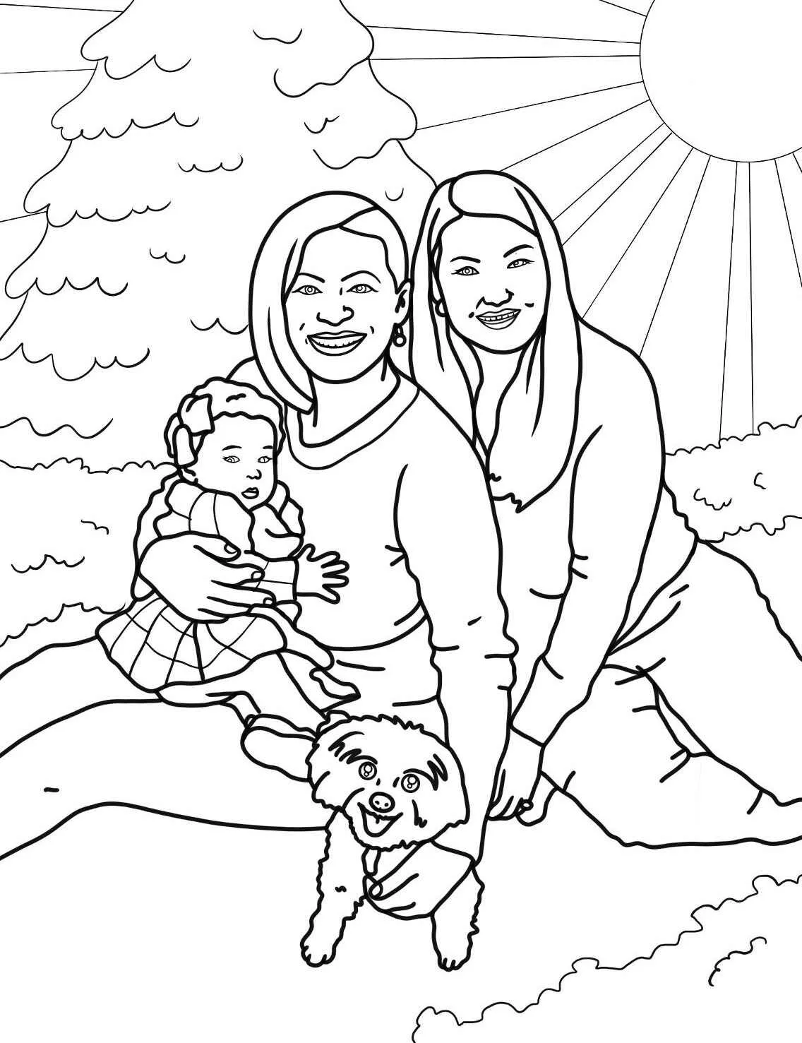 Desenho em preto e branco de uma família com uma criança e um cachorro, ideal para colorir.