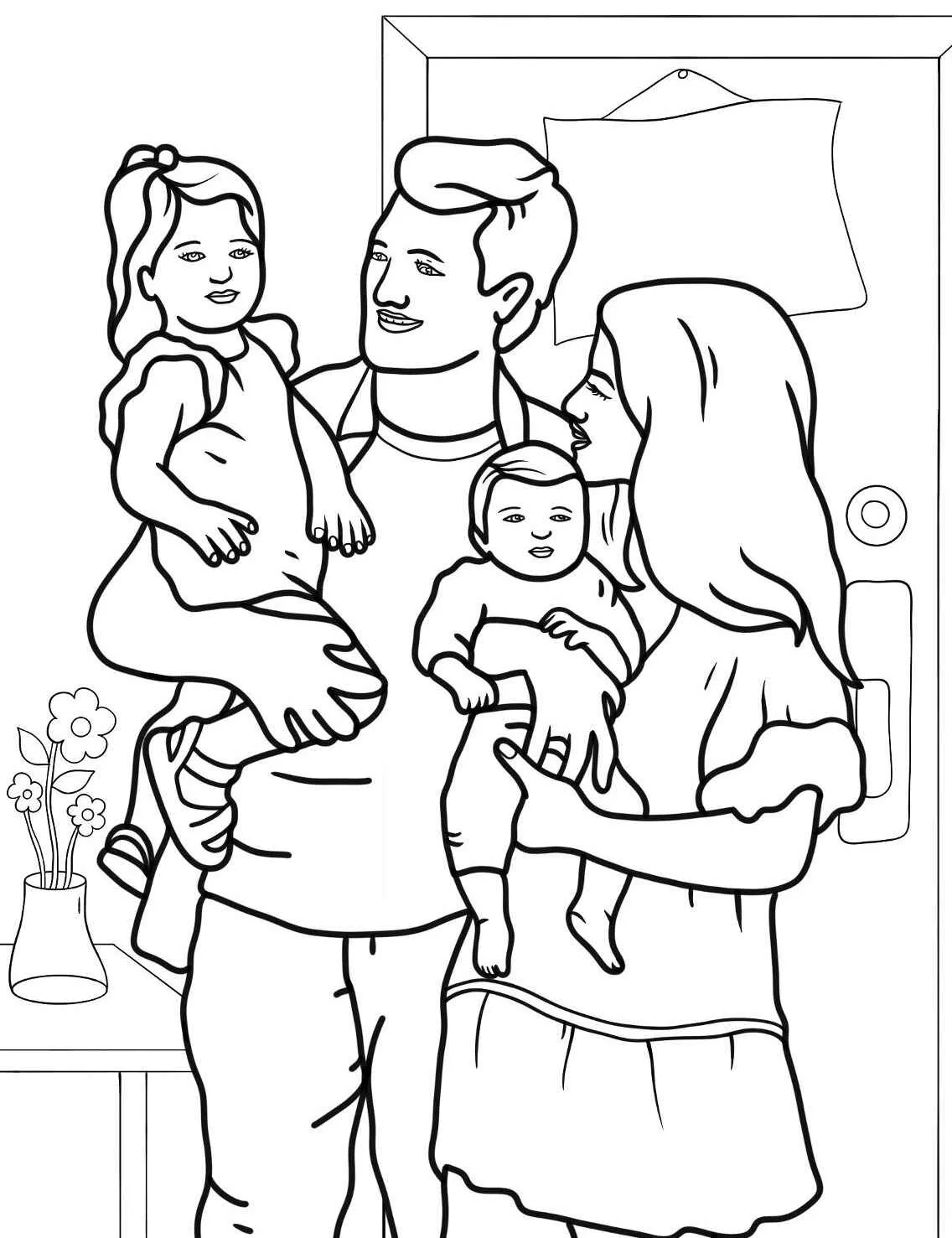 Desenho em preto e branco de uma família com duas crianças para colorir.