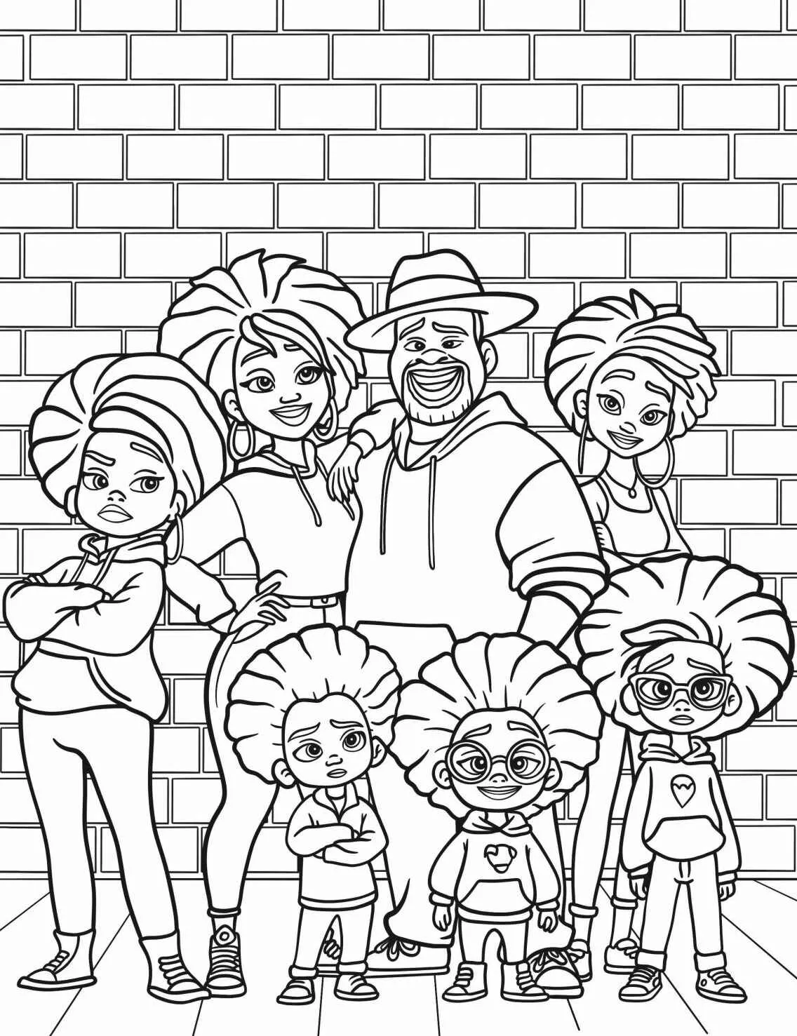 Desenho em preto e branco de uma família diversificada com crianças e adultos prontos para colorir.