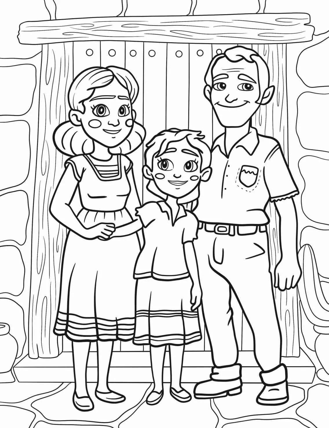 Desenho em preto e branco de uma família sorridente em frente a uma porta, ideal para colorir.