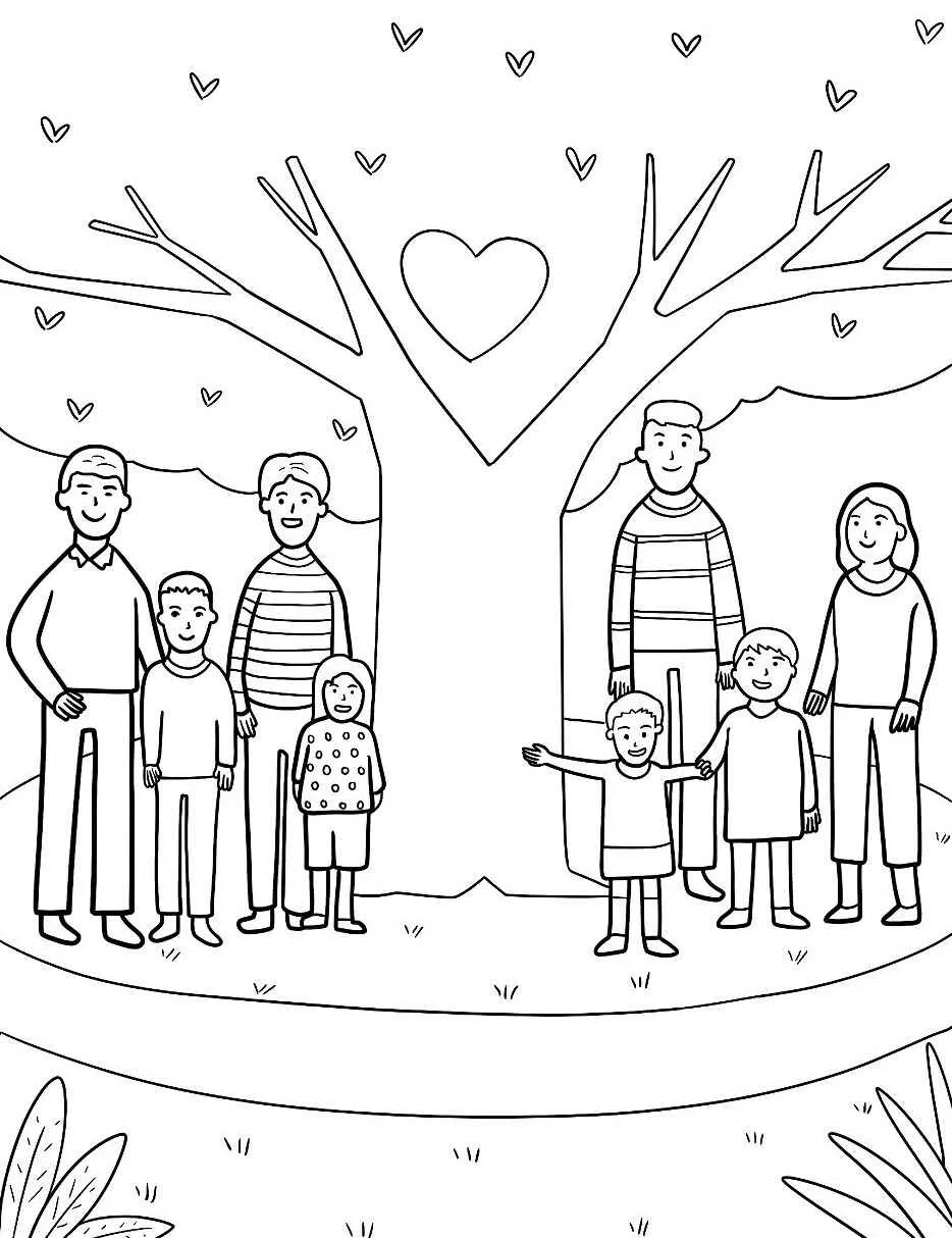 Desenho de uma família reunida em frente a uma árvore com corações