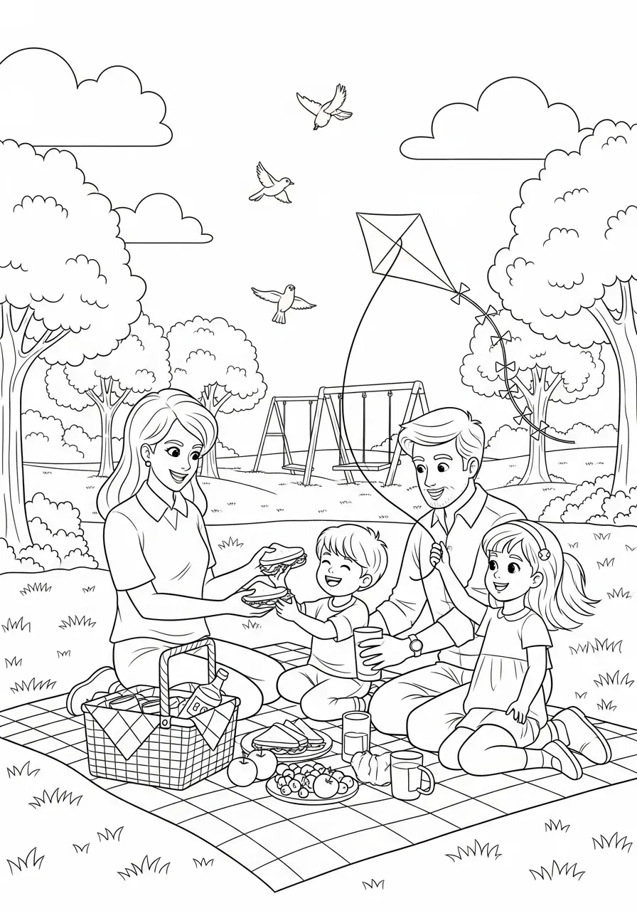 Desenho de uma família fazendo piquenique no parque com crianças e comida