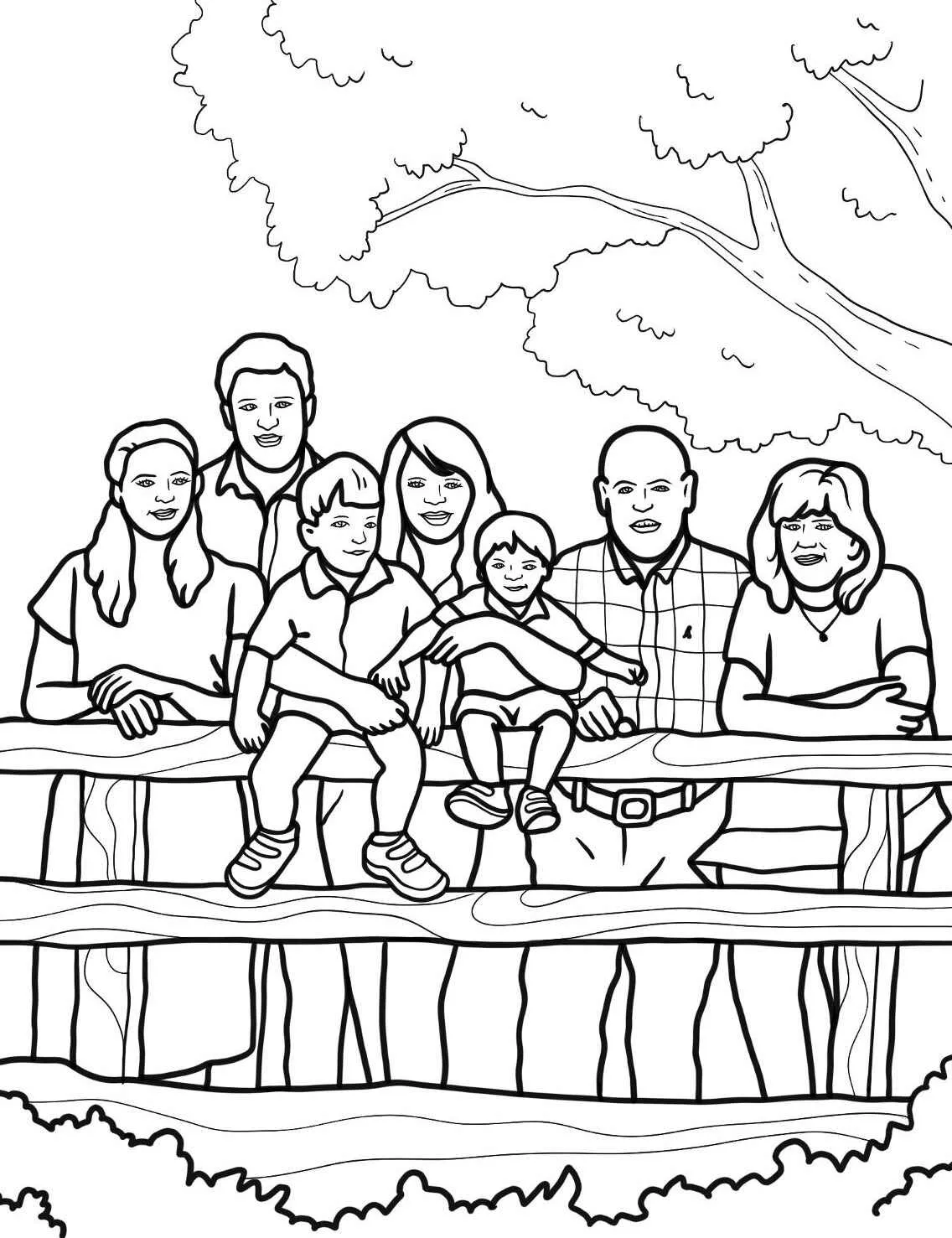 Desenho em preto e branco de uma família reunida em um piquenique, prontos para colorir.